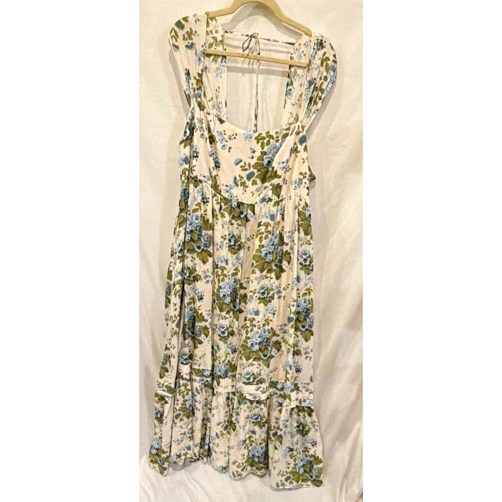 Anthropologie White/Blue/Green Floral Square Neck Smocked Strappy Maxi 2X
